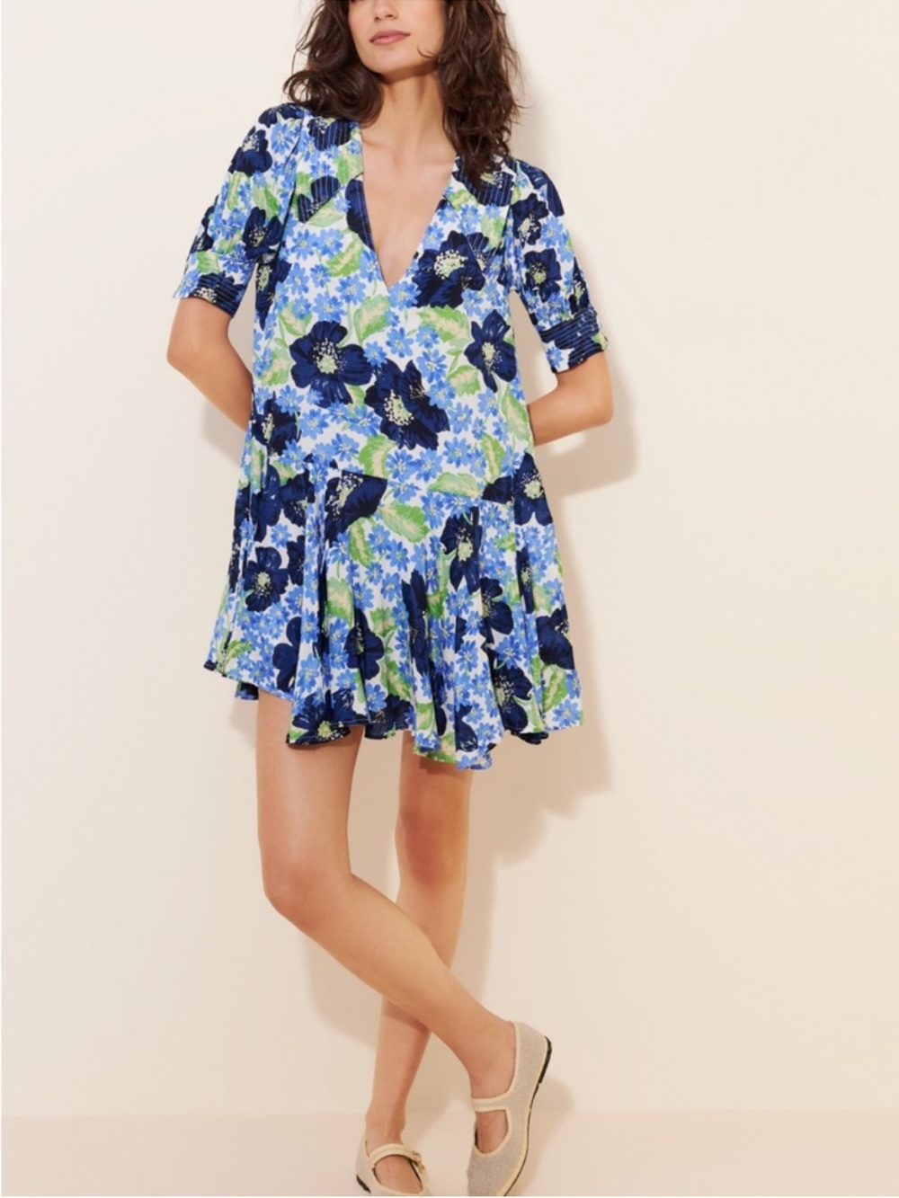 Free People Moon Chaser Mini Dress Blue Floral Swing Boho Size XS